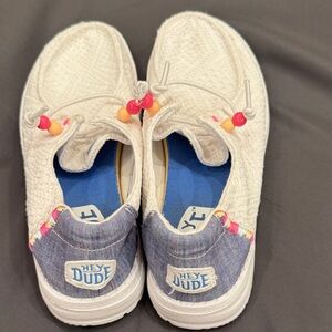 Hey Dude Kids White Sneakers with Blue Heel and Colorful Bead Accents